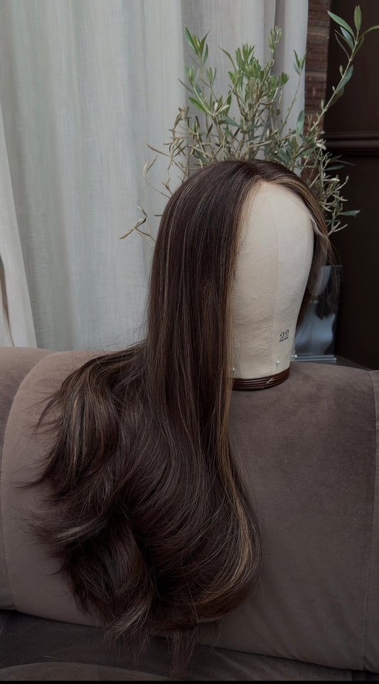 Bronzite – Chocolate Brunette with Caramel Highlights Glueless Human Hair Wig (Lace Top)